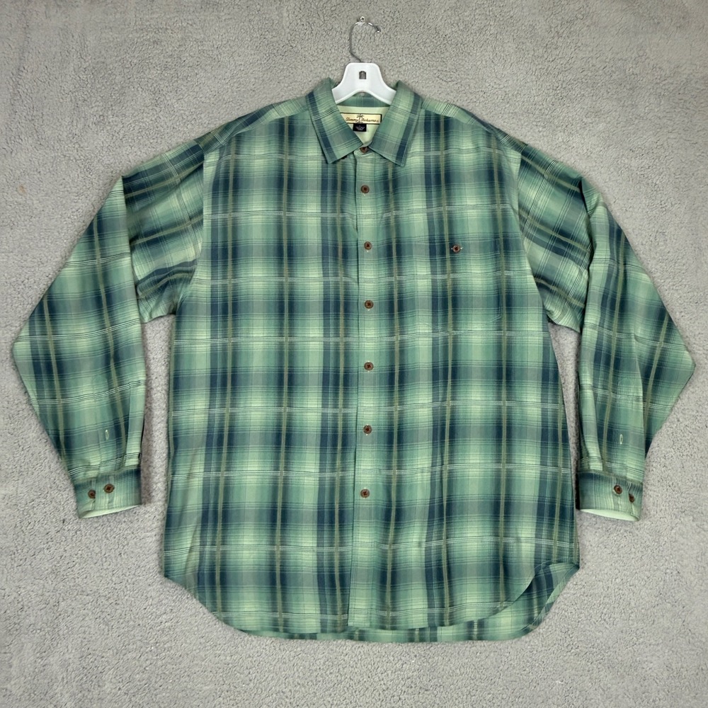 Tommy Bahama Mens Large 100% Silk Plaid Long Sleeve Button Down Shirt Green Blue